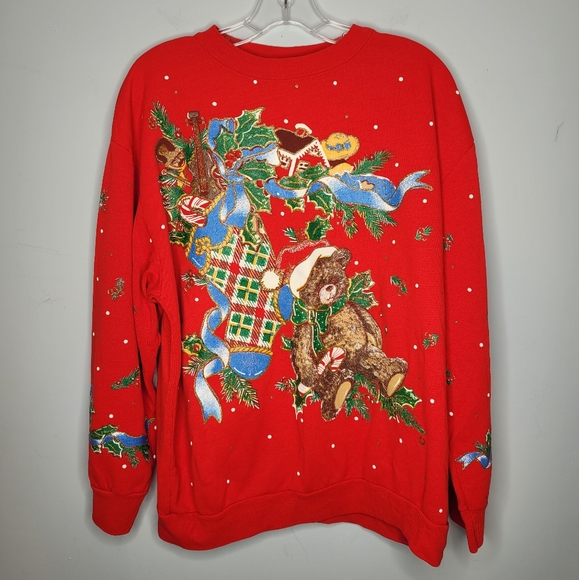 Red Christmas Sweatshirt with Teddy Bear by Holiday Time Sz M - Picture 1 of 8